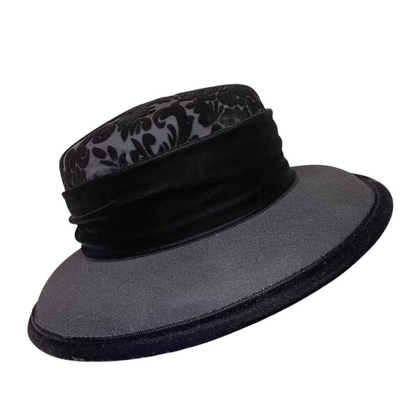 Talbots Women’s Black Velvet & Damask Wide Brim Hat Elegant Floral Pattern